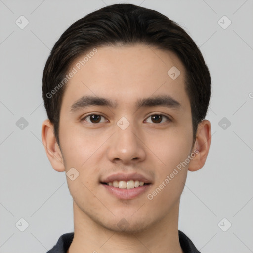 Joyful white young-adult male with short  black hair and brown eyes