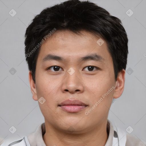 Neutral asian young-adult male with short  brown hair and brown eyes