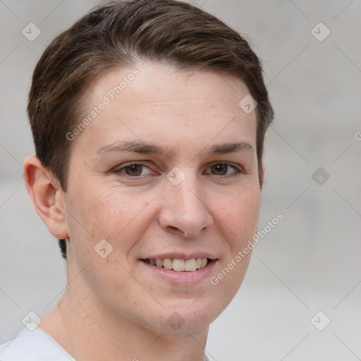 Joyful white young-adult female with short  brown hair and grey eyes