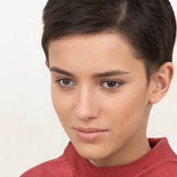 Neutral white young-adult female with short  brown hair and brown eyes