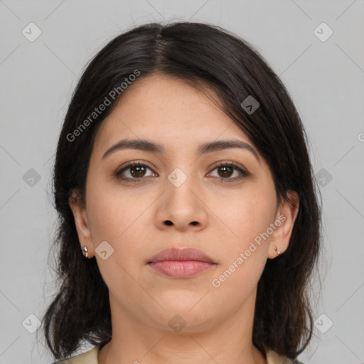 Neutral asian young-adult female with medium  brown hair and brown eyes