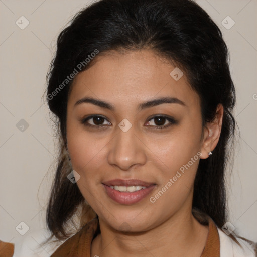 Joyful latino young-adult female with medium  brown hair and brown eyes