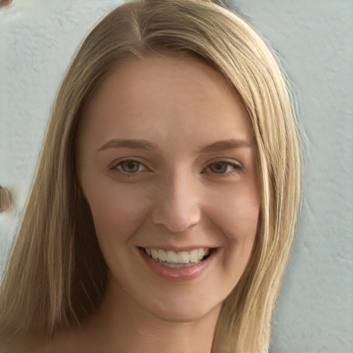 Joyful white young-adult female with long  brown hair and blue eyes