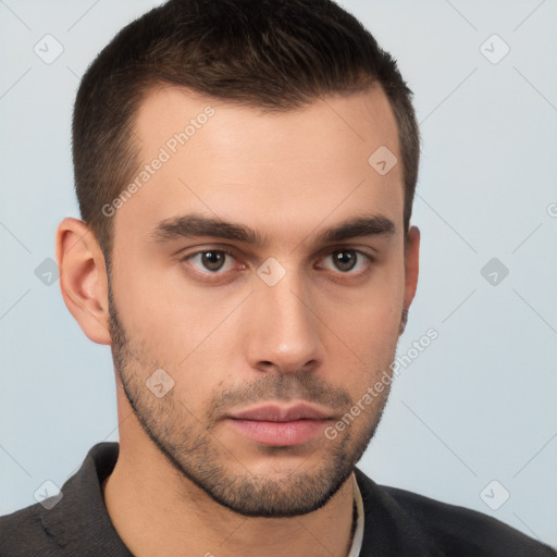 Neutral white young-adult male with short  brown hair and brown eyes