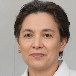 Joyful white middle-aged female with short  brown hair and brown eyes