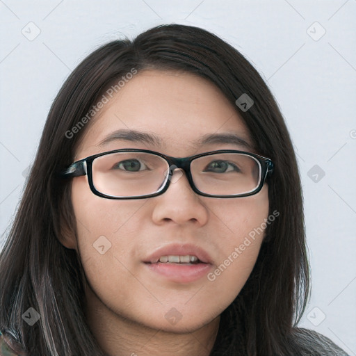 Neutral white young-adult female with long  brown hair and brown eyes