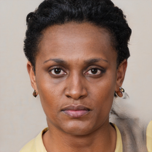 Neutral latino young-adult female with short  black hair and brown eyes