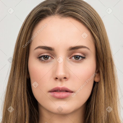 Neutral white young-adult female with long  brown hair and brown eyes