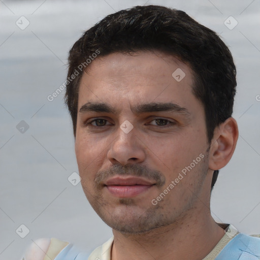 Neutral white young-adult male with short  brown hair and brown eyes