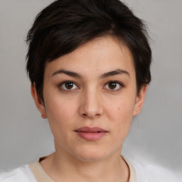 Neutral white young-adult female with short  brown hair and brown eyes