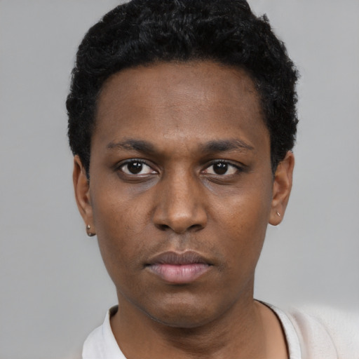 Neutral black young-adult male with short  black hair and brown eyes
