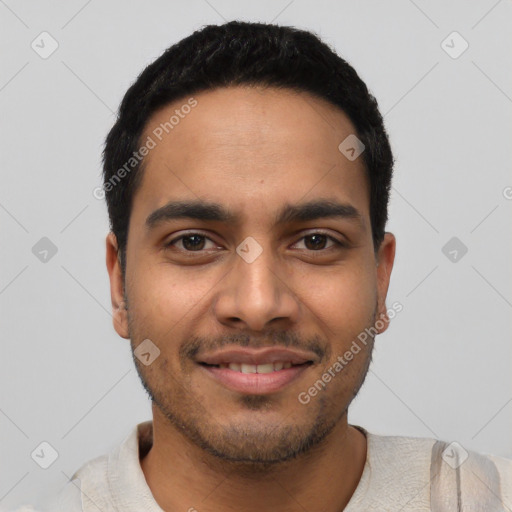 Joyful latino young-adult male with short  black hair and brown eyes