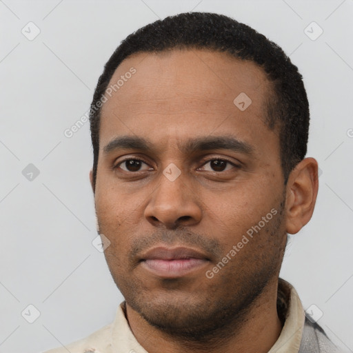 Neutral latino young-adult male with short  black hair and brown eyes
