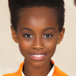 Joyful black child female with short  brown hair and brown eyes