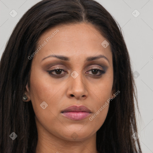 Joyful asian young-adult female with long  brown hair and brown eyes