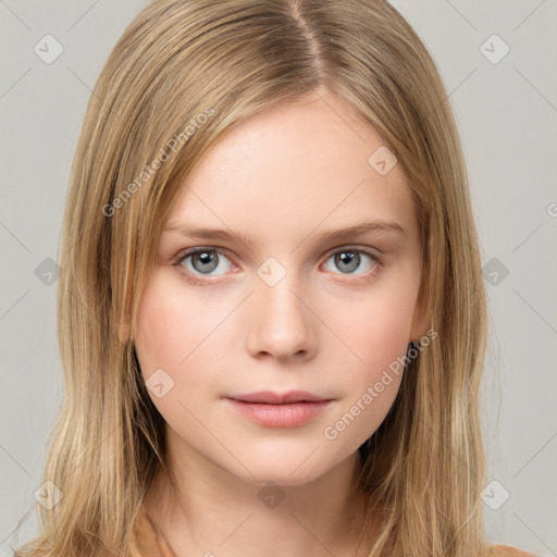 Neutral white young-adult female with long  brown hair and grey eyes