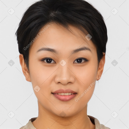 Joyful asian young-adult female with short  brown hair and brown eyes