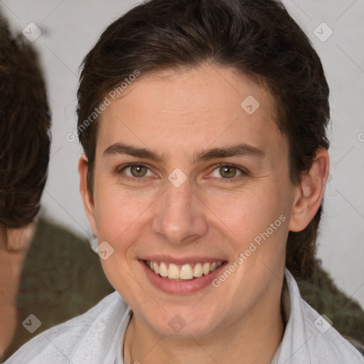 Joyful white adult female with short  brown hair and brown eyes