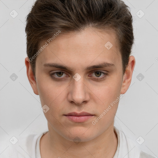 Neutral white young-adult male with short  brown hair and grey eyes