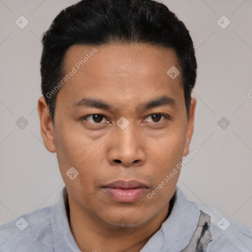 Neutral asian young-adult male with short  black hair and brown eyes