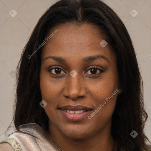 Joyful asian young-adult female with long  brown hair and brown eyes