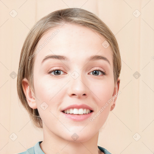 Joyful white young-adult female with medium  brown hair and blue eyes