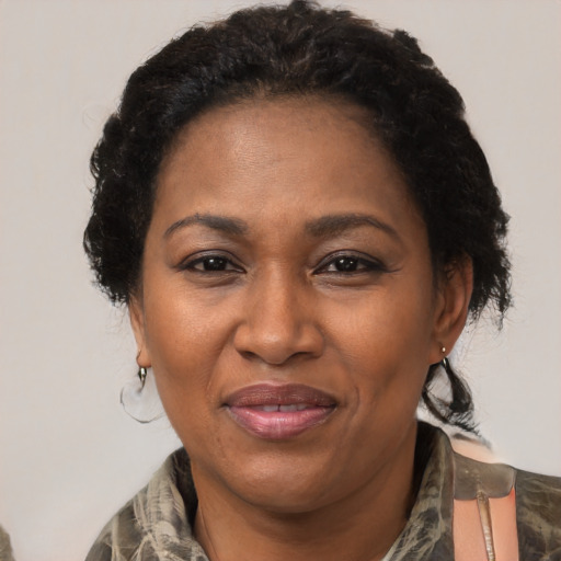 Joyful black adult female with short  brown hair and brown eyes