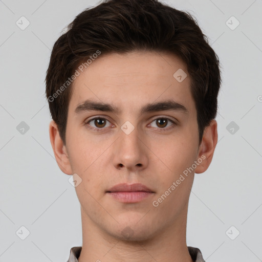 Neutral white young-adult male with short  brown hair and brown eyes