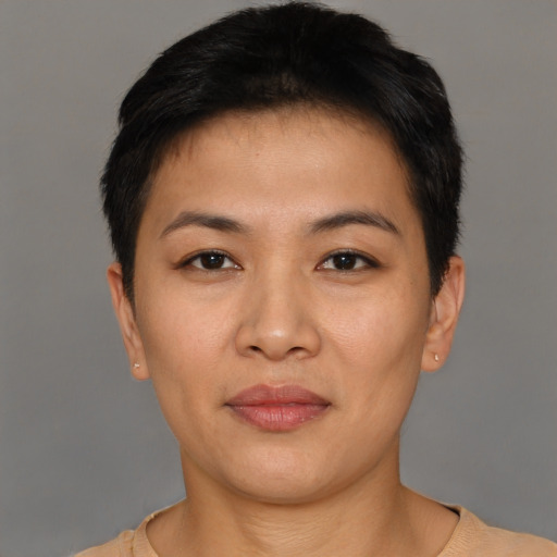 Joyful asian young-adult female with short  brown hair and brown eyes