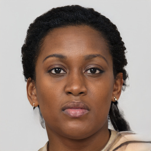 Neutral black young-adult female with long  brown hair and brown eyes