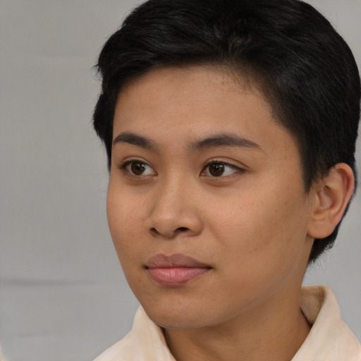 Neutral asian young-adult female with short  brown hair and brown eyes
