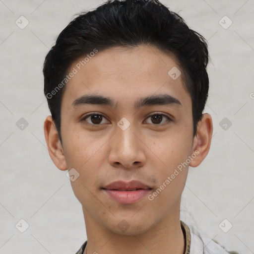 Joyful asian young-adult male with short  black hair and brown eyes