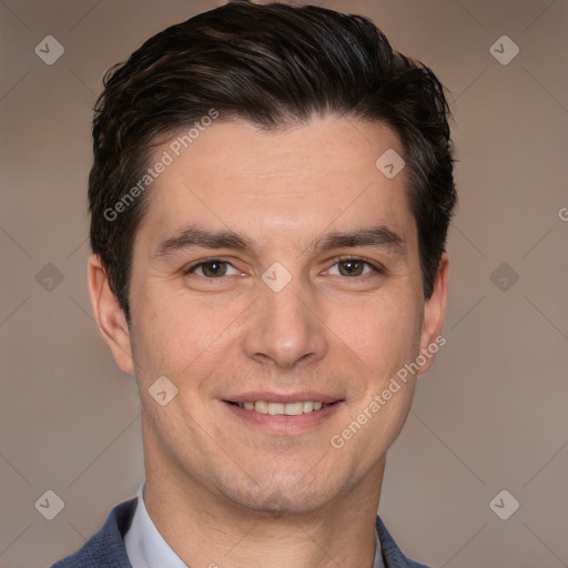 Joyful white adult male with short  brown hair and brown eyes