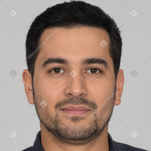 Neutral latino young-adult male with short  black hair and brown eyes