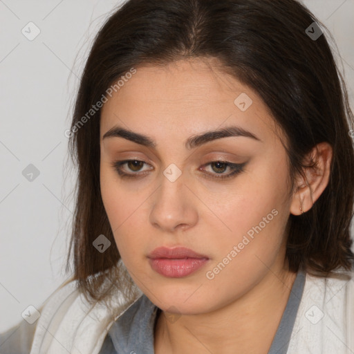 Neutral white young-adult female with medium  brown hair and brown eyes