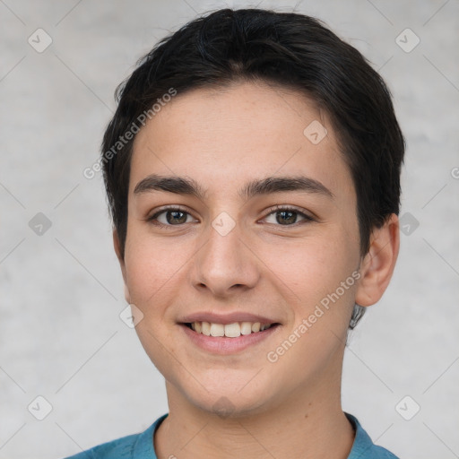 Joyful white young-adult female with short  brown hair and brown eyes