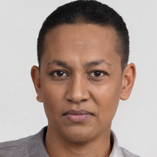 Neutral black adult male with short  black hair and brown eyes
