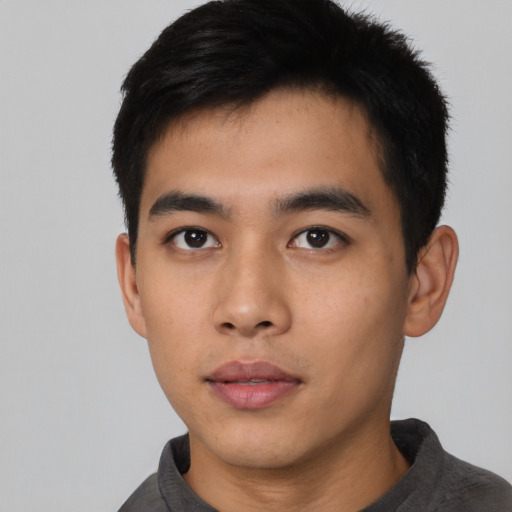 Neutral asian young-adult male with short  black hair and brown eyes