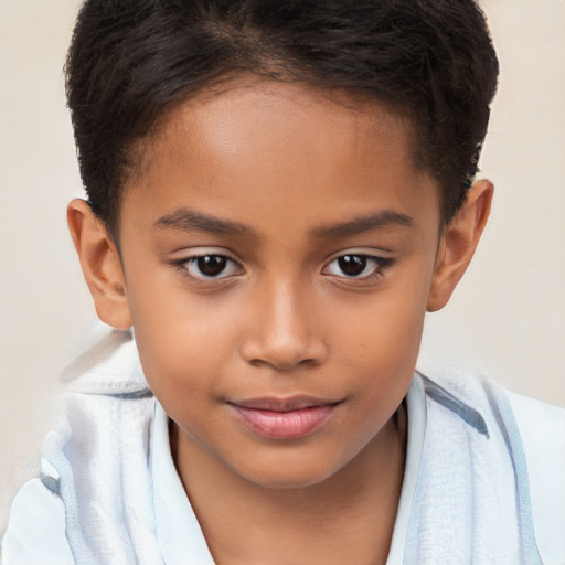 Joyful latino child female with short  brown hair and brown eyes