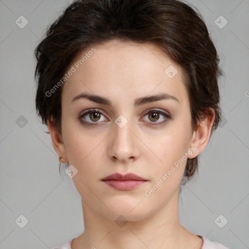 Neutral white young-adult female with medium  brown hair and brown eyes