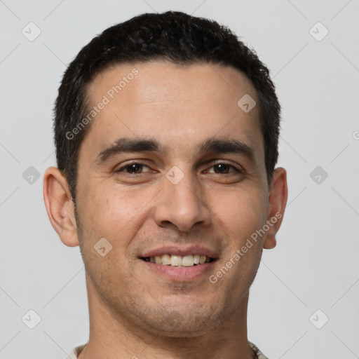 Joyful white young-adult male with short  brown hair and brown eyes