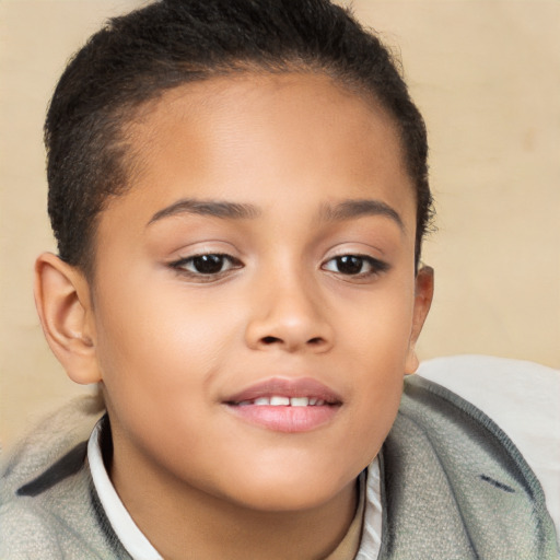 Joyful white child female with short  brown hair and brown eyes