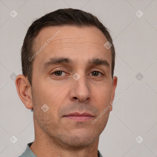 Neutral white adult male with short  brown hair and brown eyes