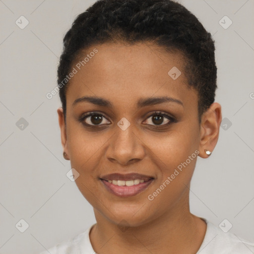 Joyful black young-adult female with short  black hair and brown eyes