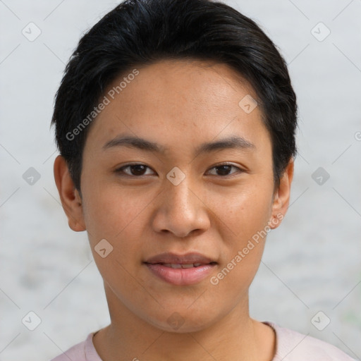 Joyful asian young-adult female with short  brown hair and brown eyes