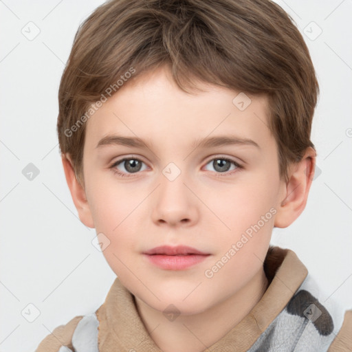 Neutral white child female with short  brown hair and grey eyes