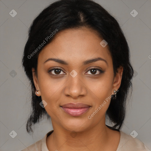 Joyful black young-adult female with medium  black hair and brown eyes