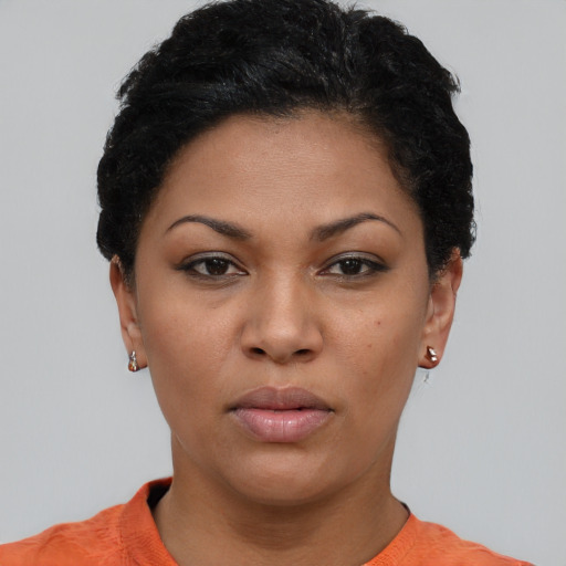 Neutral black young-adult female with short  black hair and brown eyes
