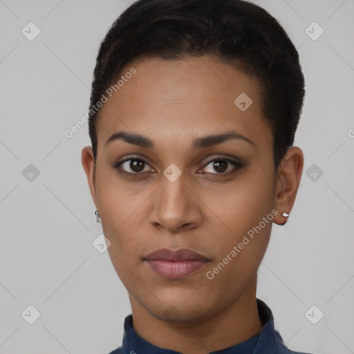 Joyful black young-adult female with short  brown hair and brown eyes