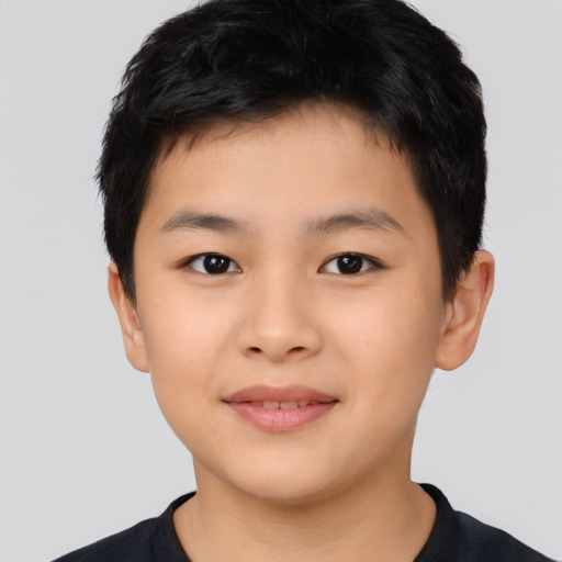 Joyful asian child male with short  brown hair and brown eyes